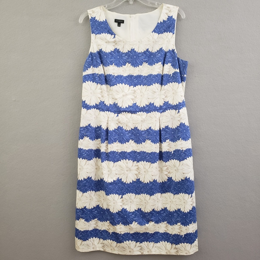Talbots 12 Sheath Dress Blue White Floral Striped Sleeveless Coastal Retro Mod